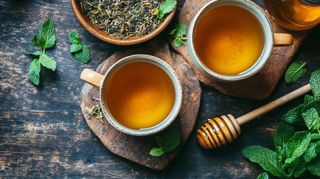 Cups of green tea with mint and honey on wooden table, top viewの写真素材