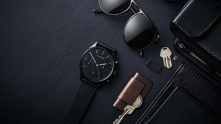 Men's accessories on a black background. Wristwatch, sunglasses, wallet, keys.