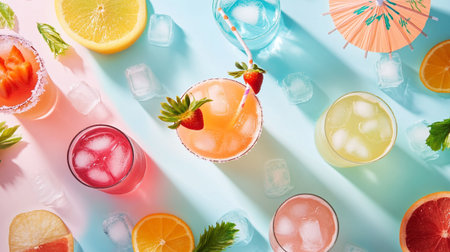 Colorful cocktails with ice and fruits on blue background, top viewの写真素材