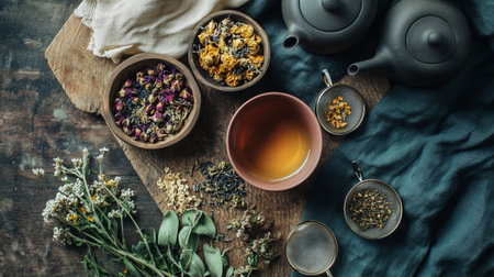 Dry herbal tea in cup and teapot on wooden table