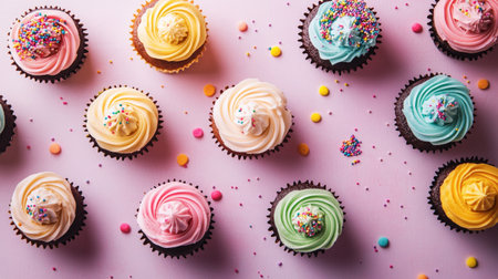 Cupcakes with colorful sprinkles on pink background, top view
