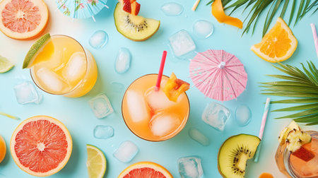 Tropical cocktails with ice and fruits on blue background, top view
