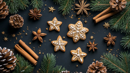 Christmas gingerbread cookies with spices and fir branches on a black background