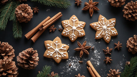 Christmas gingerbread cookies with spices and fir tree branches on black background
