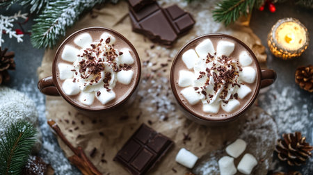 Hot chocolate with marshmallows and cinnamon on a wooden background.