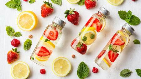 Infused water with fresh strawberries, lemon and mint. Refreshing summer drink.の写真素材