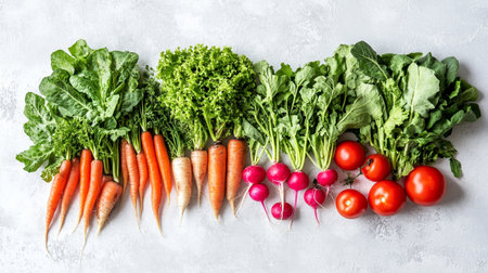 Variety of fresh organic vegetables on light background, top view.の写真素材