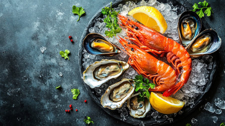 Fresh seafood platter with shrimps, mussels, oysters and lemonの写真素材