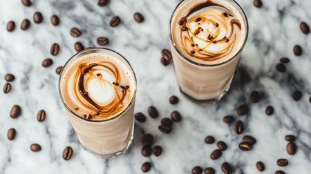 Coffee latte in glassle background, top view