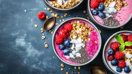 Healthy berry smoothie bowl with chia seeds, raspberries and blueberries.
