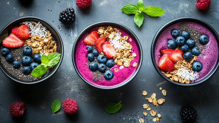 Smoothie bowl with chia seeds, fresh berries and granolaの写真素材