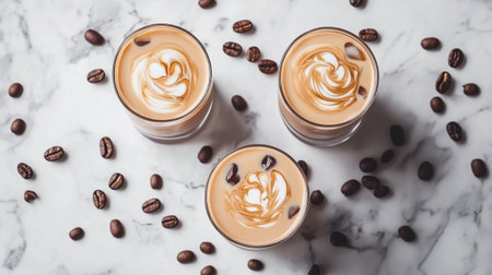 Two glasses of coffee latte with foam and coffee beansle background
