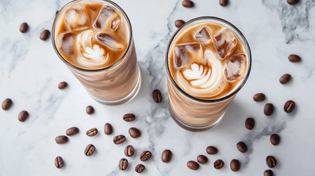 Iced coffee with milk foam and coffee beans on white marble background