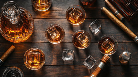 Glasses of whiskey with ice cubes and cigar on wooden table, top viewの写真素材