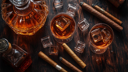 Whiskey with cuban cigars on a wooden table. Top viewの写真素材