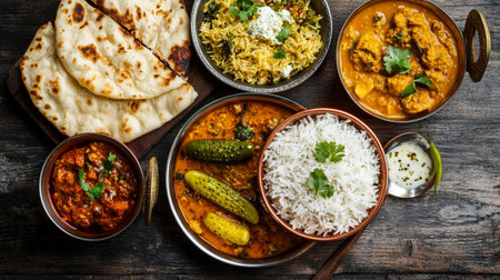 Variety of Indian dishes including Chicken tikka masala, chicken biryani, rice, pickles, chapati, dahi vada, gathiya. Top viewの写真素材