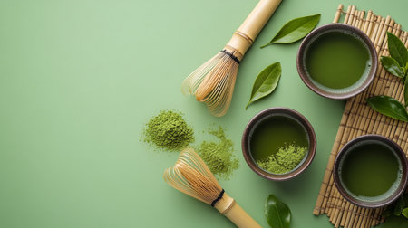 Matcha green tea with bamboo whisk and green tea leaves on green background