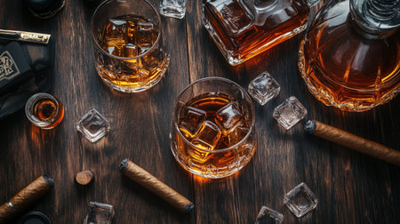 Whiskey with ice and cigar on wooden table. Top viewの写真素材