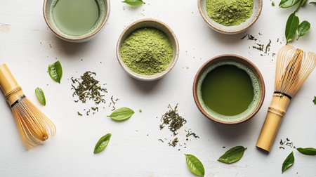 Green tea with dry tea leaves on white wooden table, top view