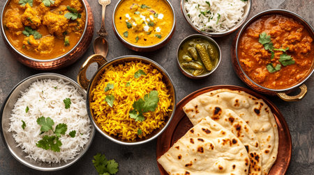 Group of Indian traditional food includes Chicken tikka masala, aloo bhujiya, naan bread, rice,...