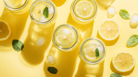 top view of glasses of lemonade with mint and ice cubes on yellow background
