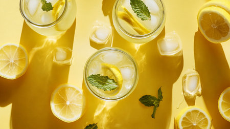 Glasses of lemonade on yellow background, top view. Summer drink