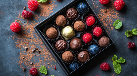 Chocolate truffles with berries and cocoa powder on dark background