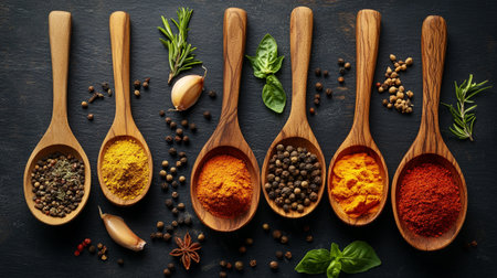 Spices and herbs in wooden spoons on black background, top view