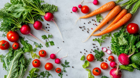 Fresh vegetables on the grey background. Top view, copy space.