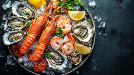 Seafood platter with shrimps, mussels, prawns, oysters and lemon on dark backgroundの写真素材
