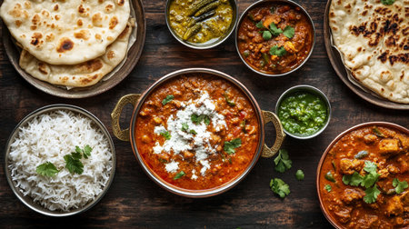 Assorted Indian food including chicken tikka masala, rice, chapati, dahi vada, gathiya, chutney and...