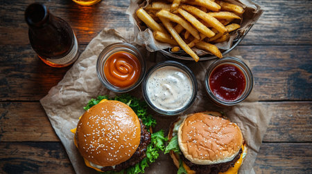 Hamburger, french fries and beer on wooden background, top view