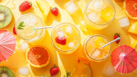 Variety of citrus fruit drinks with ice on yellow background, top view