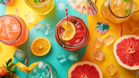 Glasses of tasty citrus lemonade on color background, top view