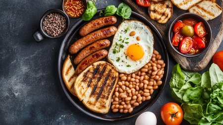 Traditional english breakfast with fried egg, grilled sausages, baked beans, tomatoes and spices on...