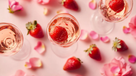 Glasses of champagne with strawberry and rose petals on pink backgroundの写真素材