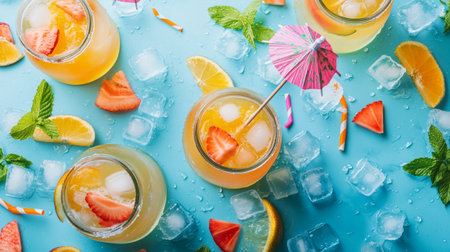 Refreshing summer drink with orange, lemon, grapefruit and ice on blue background