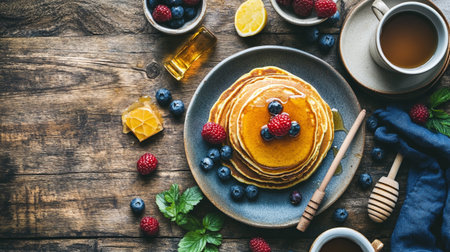 Pancakes with fresh berries and honey on wooden table, top viewの写真素材