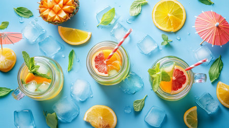 Refreshing summer drink with lemon, orange, grapefruit and mint on blue backgroundの写真素材