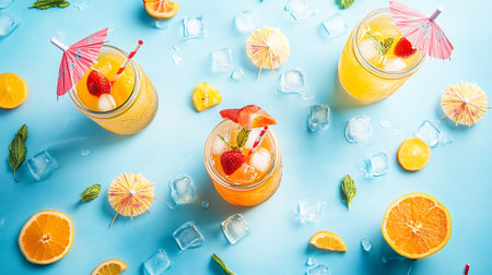 Summer drink with orange, lemon and grapefruit on a blue background