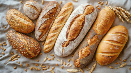 Different types of bread on the table. Top view, flat lay
