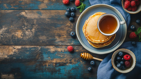 Pancakes with fresh berries and cup of tea on wooden background