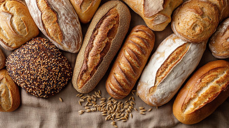 Assortment of baked bread on table, top view. Food background