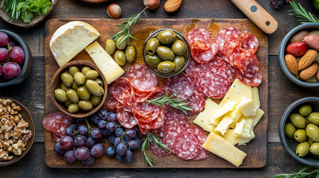 Antipasto platter with salami, cheese and olives
