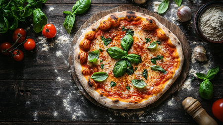 Pizza Margherita with mozzarella, tomatoes and basil on wooden backgroundの写真素材