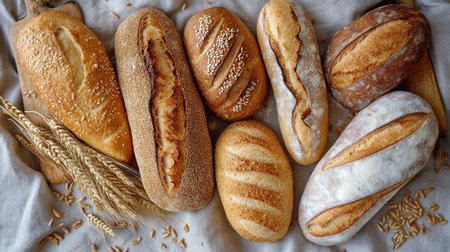 Freshly baked baguettes with wheat ears and sesame seeds