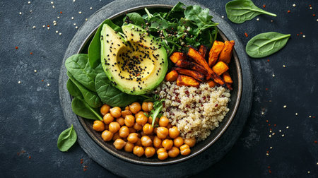 Buddha bowl with quinoa, chickpeas, avocado and spinach. Healthy vegan food concept. Top view