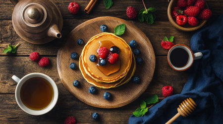 Pancakes with fresh berries and honey on wooden background, top view