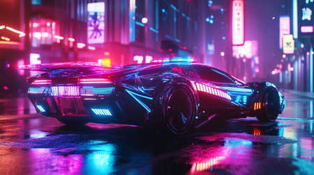Futuristic car on the road in the city at night.の写真素材