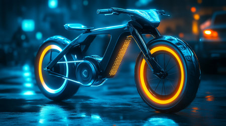 Bike with neon lights on the road. 3d rendering.